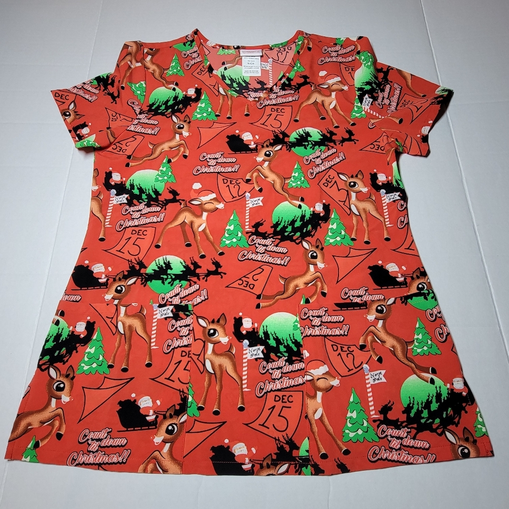 💚 Rudolph the Red Nosed Reindeer Womens Scrub‎ Top Christmas Size Small